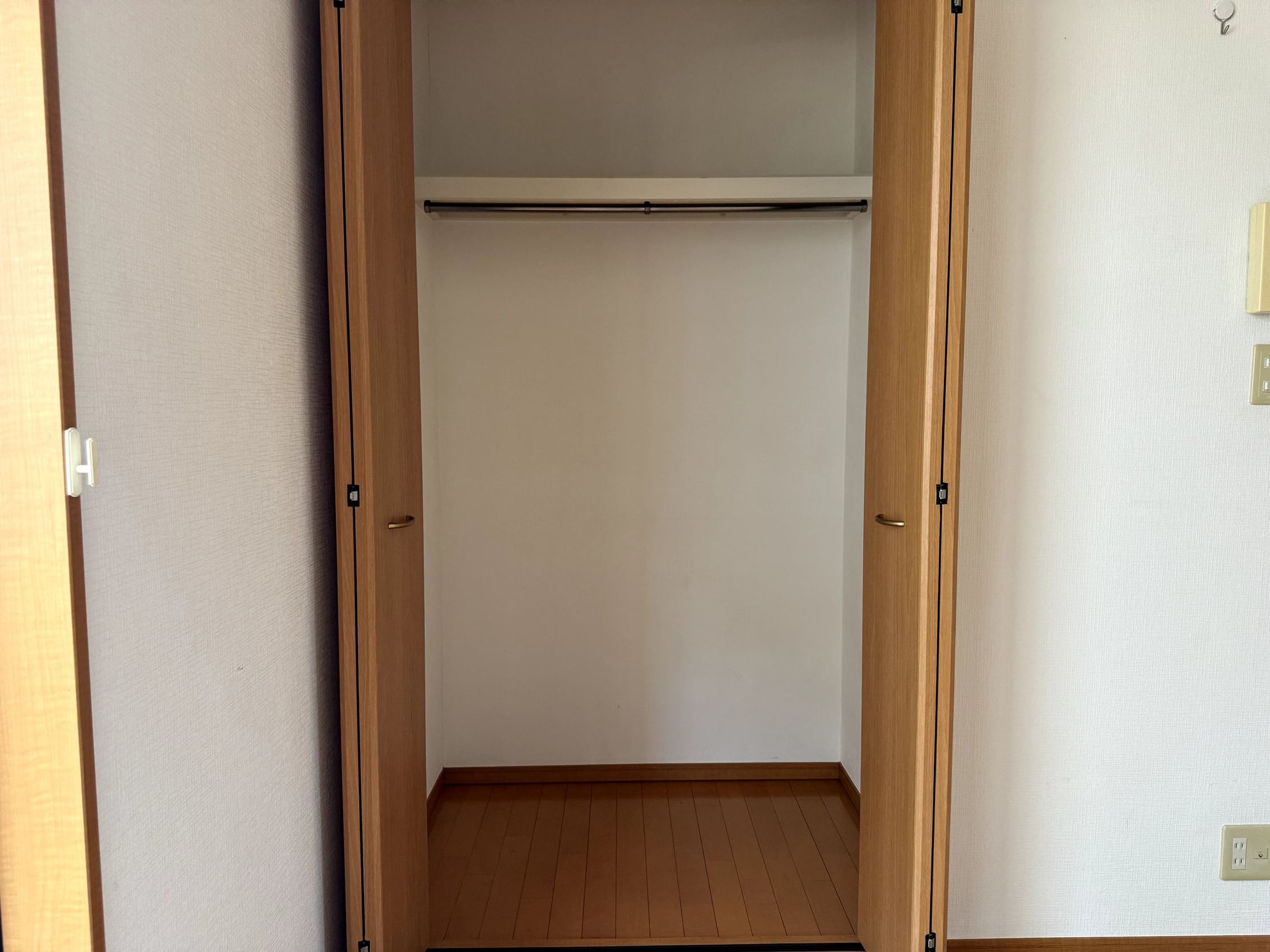 扉を開けたクローゼット。ハンガーパイプと棚がある